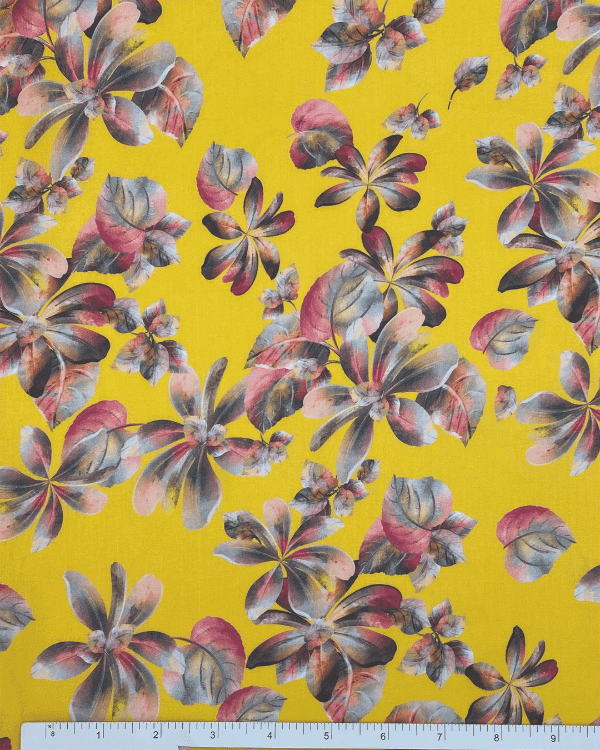 Golden Yellow Floral Fabric | Ombre Foliage | Cotton Lawn