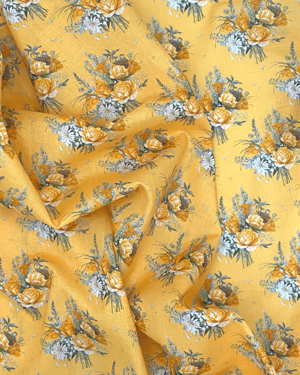 Golden Yellow Orange Green White Multi | Cotton Lawn Floral Rose Print Fabric 44W