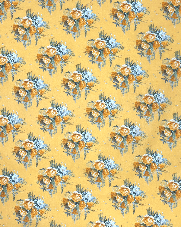 Golden Yellow Orange Green White Multi | Cotton Lawn Floral Rose Print Fabric 44W