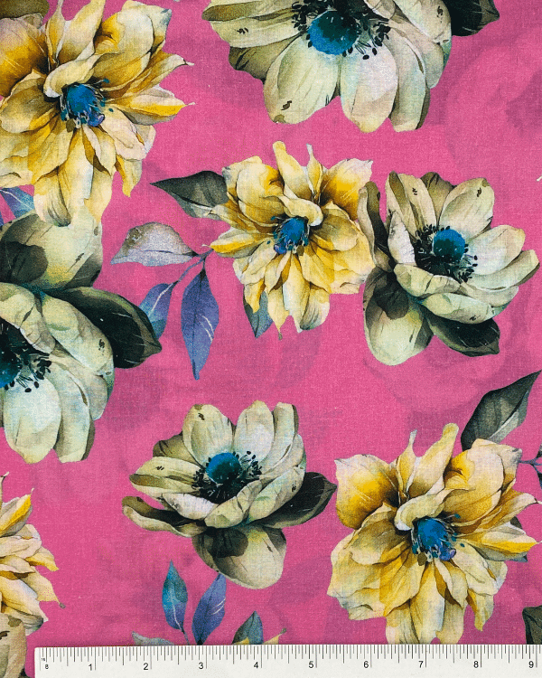 Hot Pink Yellow Floral Fabric | Multicolor Cotton Lawn Shirting 44W