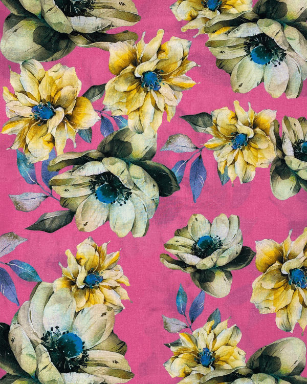 Hot Pink Yellow Floral Fabric | Multicolor Cotton Lawn Shirting 44W