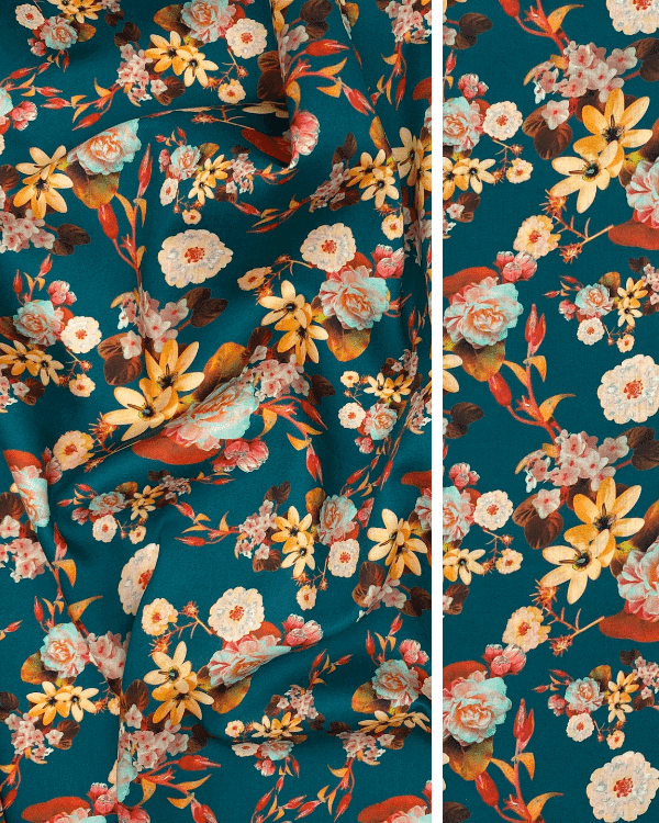 Mallard Teal Floral Fabric with Yellow Orange Blue  | Fall Wildflower Print on Cotton Sateen