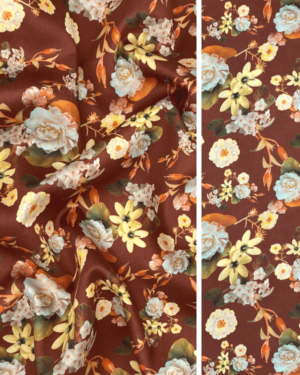Maroon Yellow Orange Green Floral Fabric | Fall Wildflower Print on Cotton Sateen