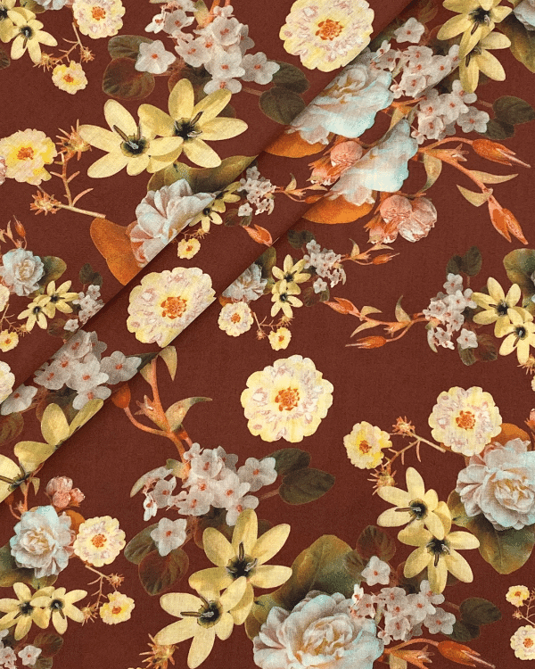 Maroon Yellow Orange Green Floral Fabric | Fall Wildflower Print on Cotton Sateen