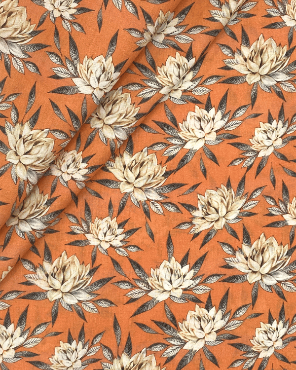 Melon Orange Water Lily Print Fabric | Cotton Lawn Shirting 44W