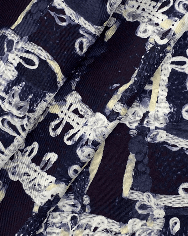 Navy Beige Italian Silk Fabric Printed | Passementerie Ribbon Design