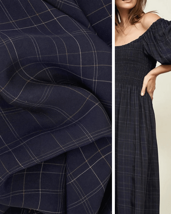Navy Blue Plaid Check Rayon Fabric with White and Camel Accents