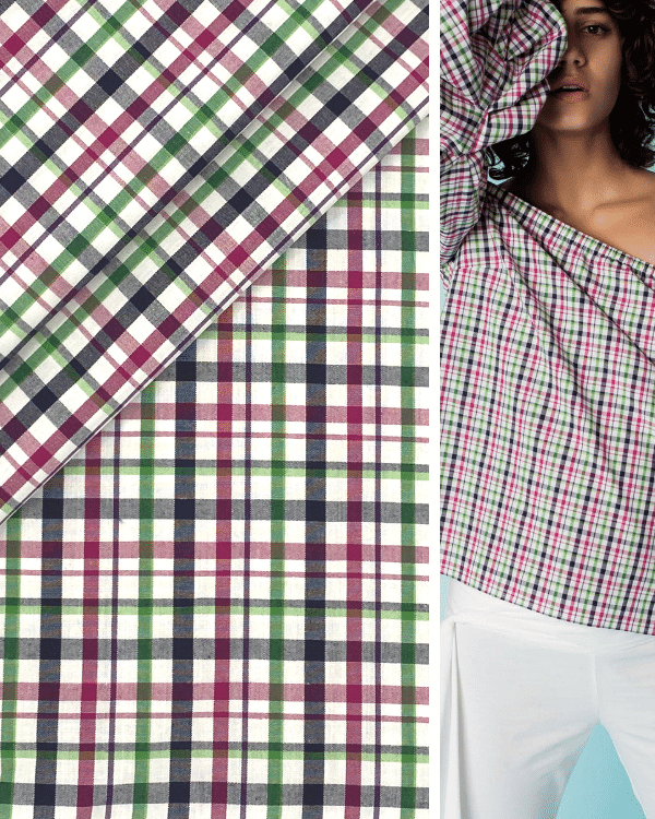 Navy Pink Green Check Plaid Fabric | Multi Color Cotton Tattersall