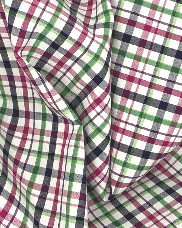 Navy Pink Green Check Plaid Fabric | Multi Color Cotton Tattersall