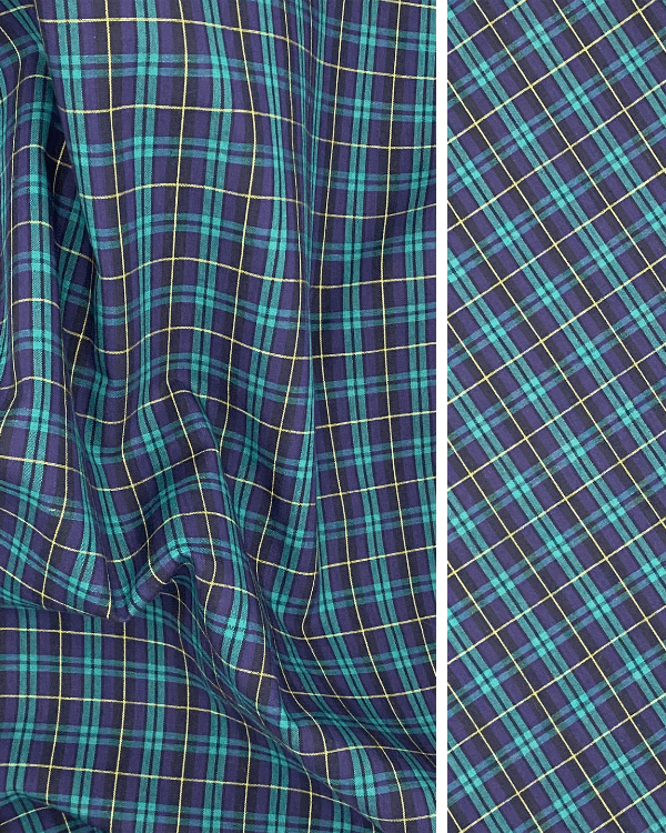 Navy Tartan Plaid Fabric with Green Yellow Accents | Blue Check Shirting