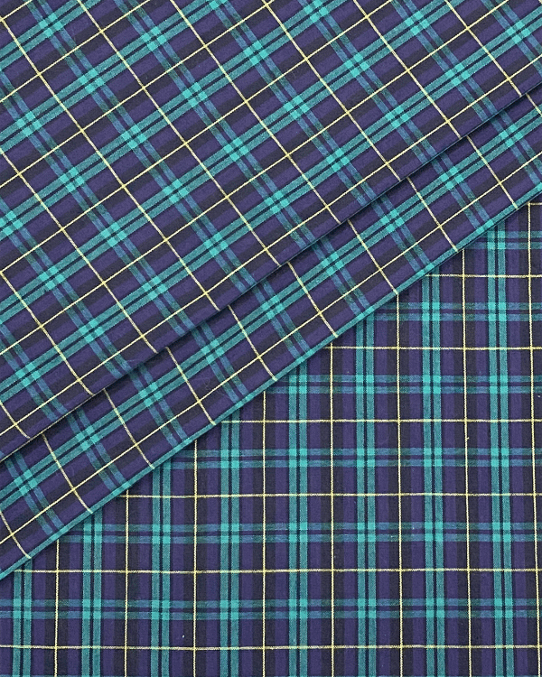 Navy Tartan Plaid Fabric with Green Yellow Accents | Blue Check Shirting