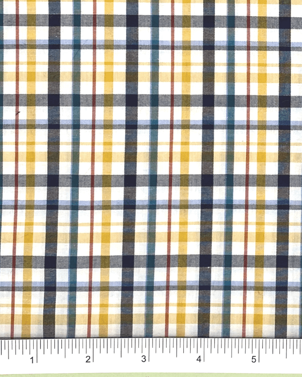 Navy Blue Yellow Red Check Plaid Fabric | Multi Color Cotton Tattersall