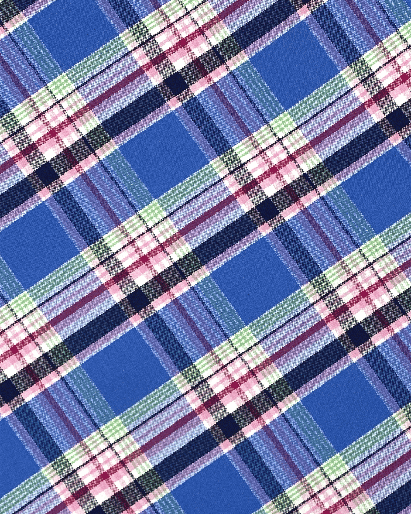 Navy and Pink Plaid Fabric with White Green Accents | Cotton Oxford 58W