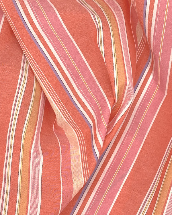 Orange Pink Uneven Multi Color Stripe Fabric with White Dobby Stripe Detail | Cotton Lawn