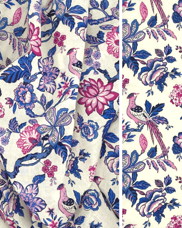 Pink Blue Floral Bird Toile | Cotton Batiste Fabric