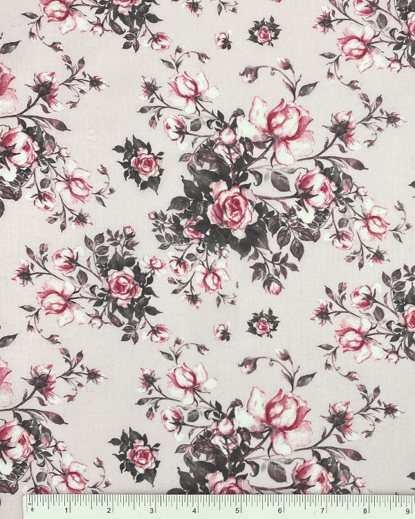Pink Gray Red Roses Floral Fabric | Cotton Lawn