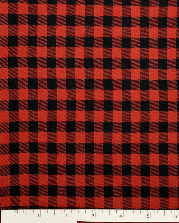 Deep Red and Black Buffalp Plaid Fabric for Sewing in Cotton Flannel Twill shown with ruler for scale