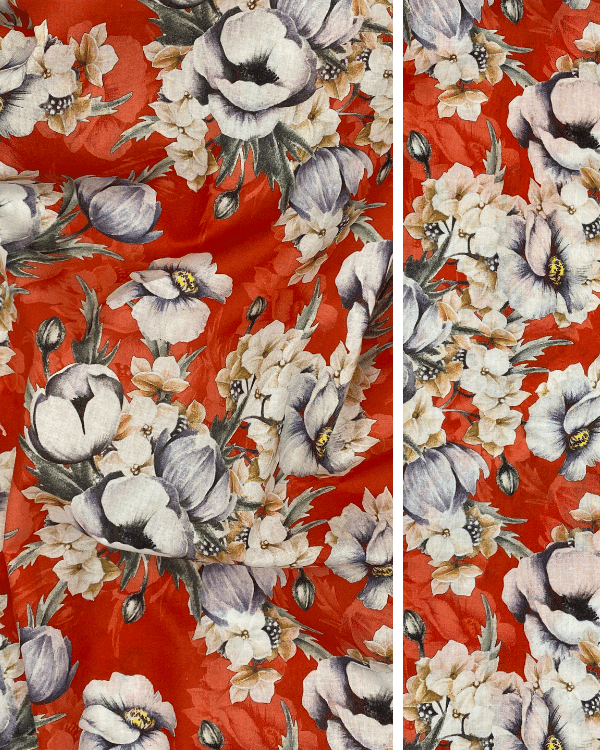 Red Floral Fabric | Multicolor Cotton Lawn Shirting Print 44W