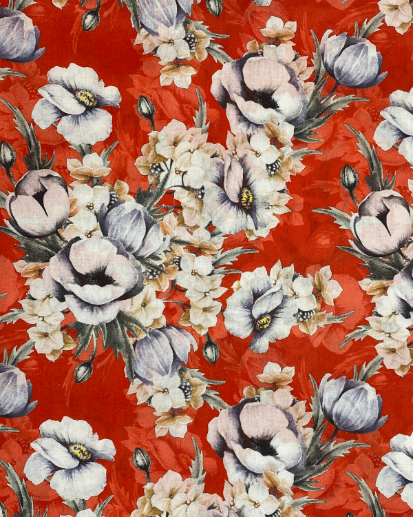 Red Floral Fabric | Multicolor Cotton Lawn Shirting Print 44W
