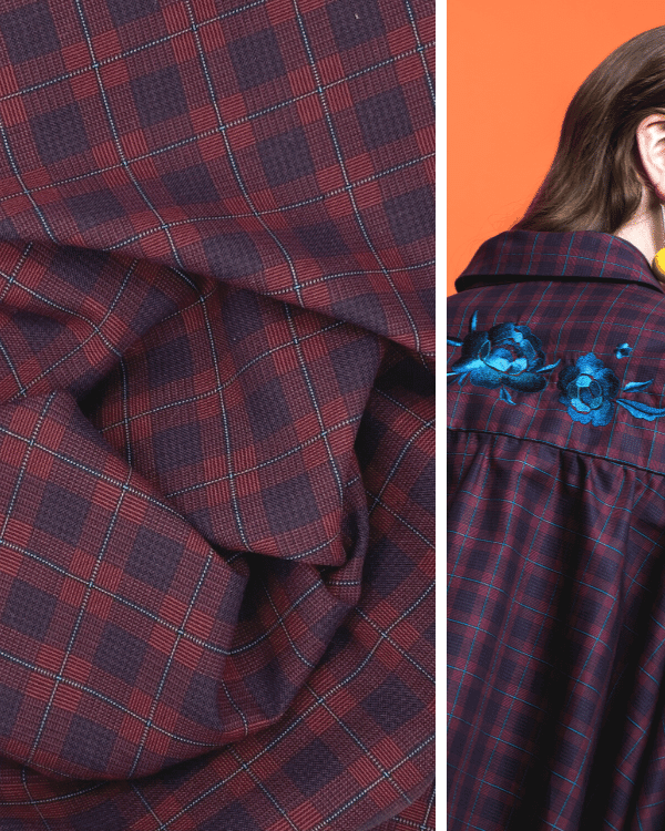 Windowpane Red Plaid Red Navy Plaid Fabric with Turquoise Windowpane Check | Cotton Yarn Dy
