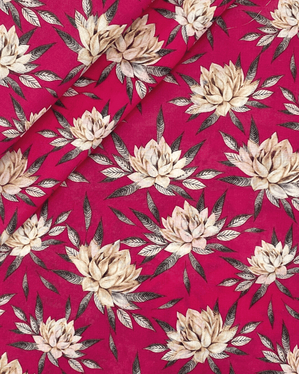 Red Water Lily Print Fabric | Cotton Lawn Shirting 44W