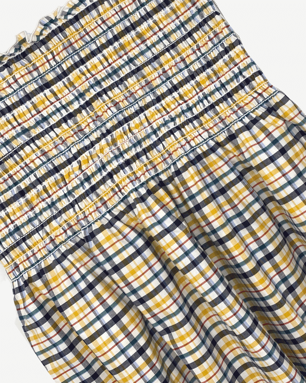 Shirred Fabric by the Yard  | Navy Yellow Cotton Plaid | 42" L