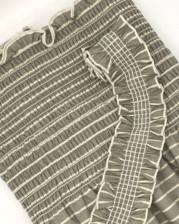 Shirred Fabric by the Yard  | Sage Green Beige Cotton Stripe | 42"L