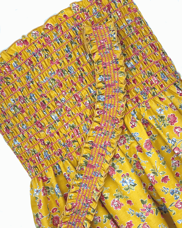 Shirred Fabric by the Yard  | Yellow Pink Floral Fabric | 42"L