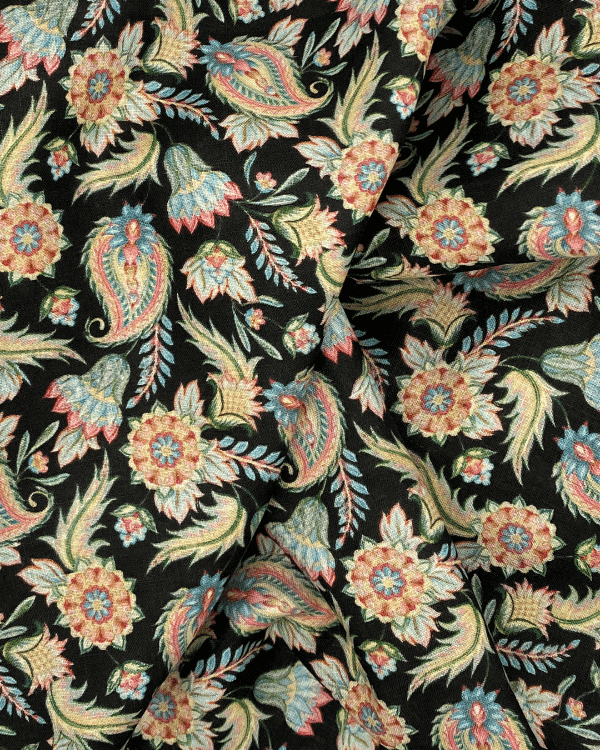 Stylized Black Pastel Paisley Floral Fabric | 100% Linen Print 58W