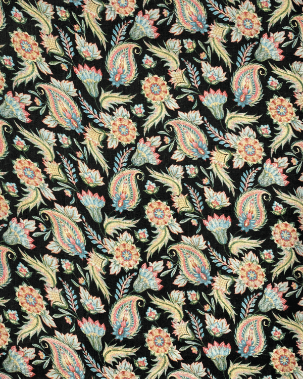 Stylized Black Pastel Paisley Floral Fabric | 100% Linen Print 58W