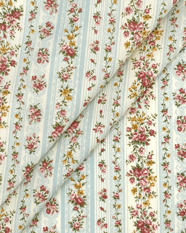 Victoriana Blue Floral Wallpaper Stripe | Cotton Fabric