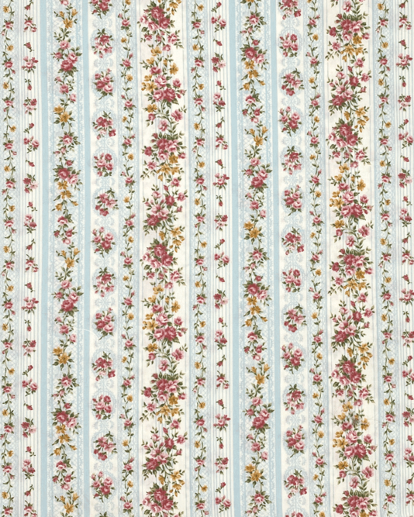 Victoriana Blue Floral Wallpaper Stripe | Cotton Fabric
