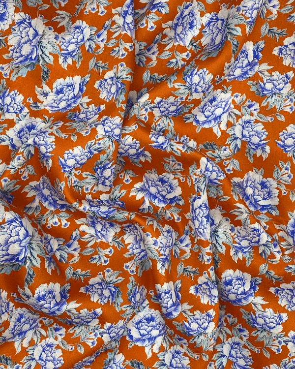 Vivid Orange Blue White Floral Cabbage Roses Cotton Sateen Fabric