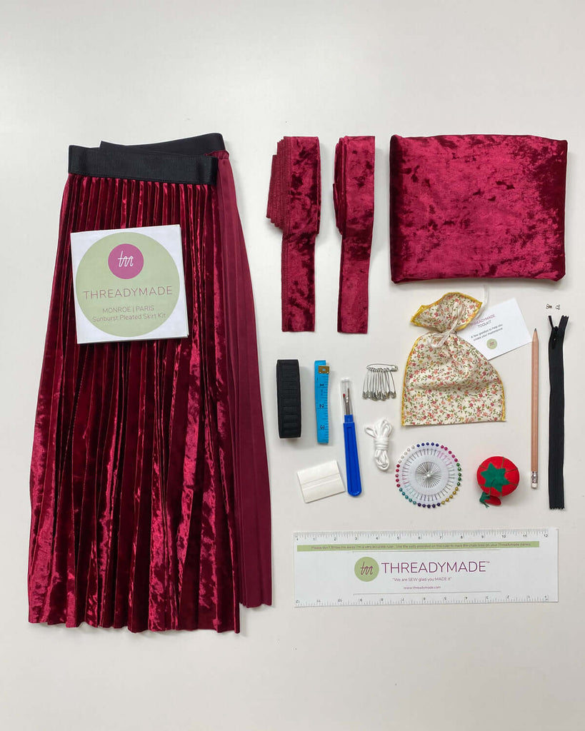 Accordian Pleated Skirt Kit, Cartridge pleated skirt kit, Sunburst pleated skirt kit, DIY pleated skirt kit,pleated skirt panel, extra yardage, sewing notions, invisible zipper, hook and eye, tunnel waistband, fixed waistband, tape measure, saftey pins, straight pins, mask elastic, seam riper, tailors chalk, threadymade ruler, pincushion, interior elastic, pin cushion, wine crushed velvet, upcycled fabric
