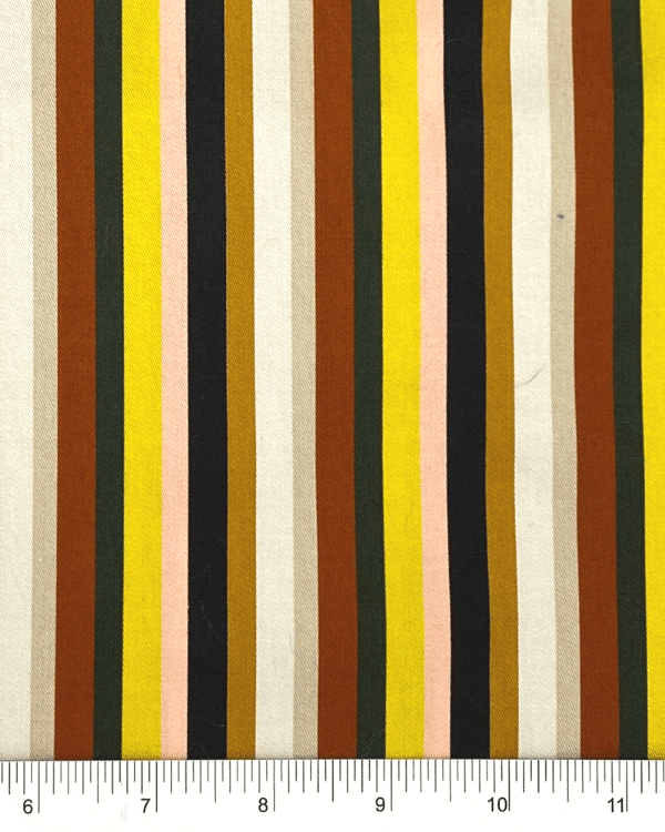 Yellow Multi Stripe Cotton Spandex Fabric with Cinnamon Brown, Black and Beige