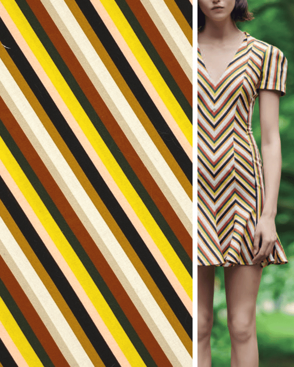 Yellow Multi Stripe Cotton Spandex Fabric with Cinnamon Brown, Black and Beige