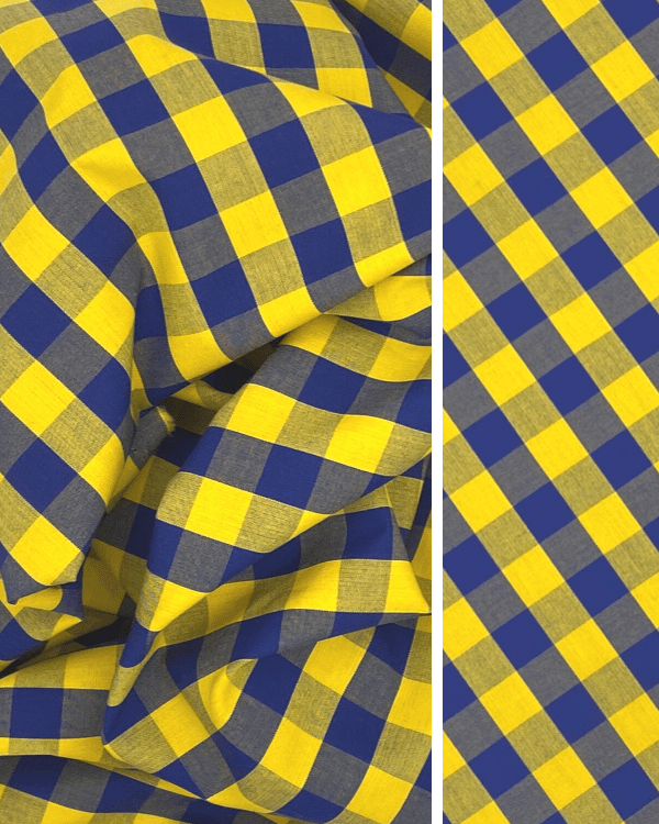 Yellow Navy Gingham Check Fabric | 100% Cotton Plain Weave Buffalo Plaid